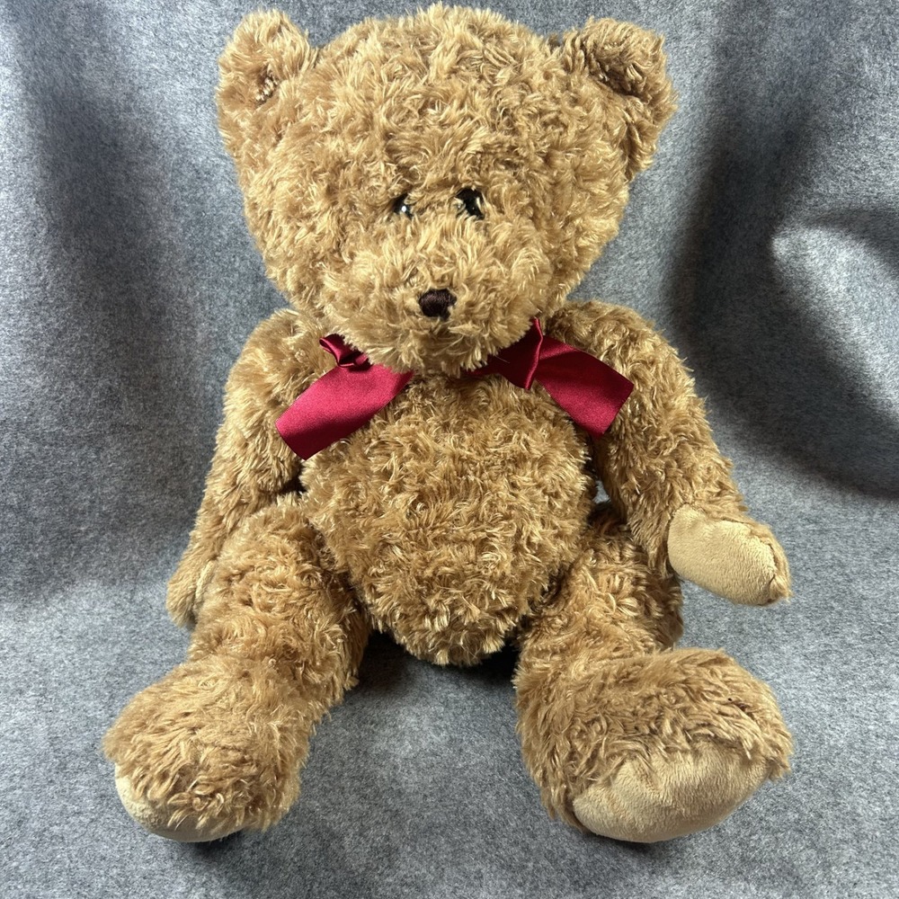 Toys R Us Classic Plush Teddy Bear 18in Brown Shaggy Fur Burgundy Bow